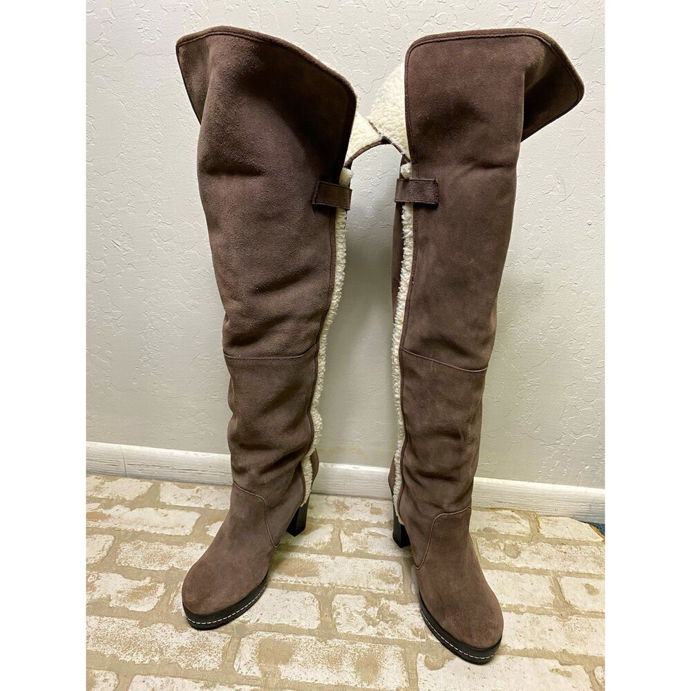Kelsi Dagger Rozelle Suede Over the Knee Boots Shearling Lined Brown Size 8.5